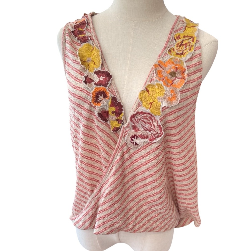 Free People Pink Striped Embroidered Floral Surplice Tank Top Medium‎